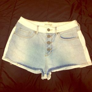 High rise white and blue denim shorts